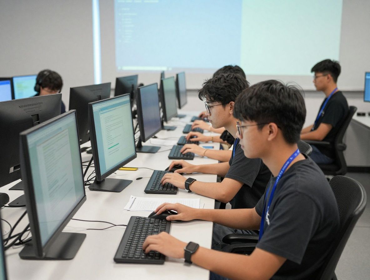 Студенты обучаются работе с ИИ-технологиями на современных компьютерах в цифровой исследовательской лаборатории с большими экранами