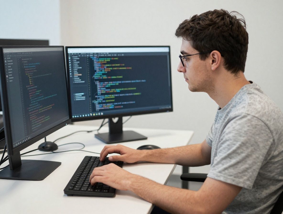 Молодой специалист по data science работает с кодом на двух мониторах в современном открытом офисе, экраны показывают Jupyter Notebook и графики данных