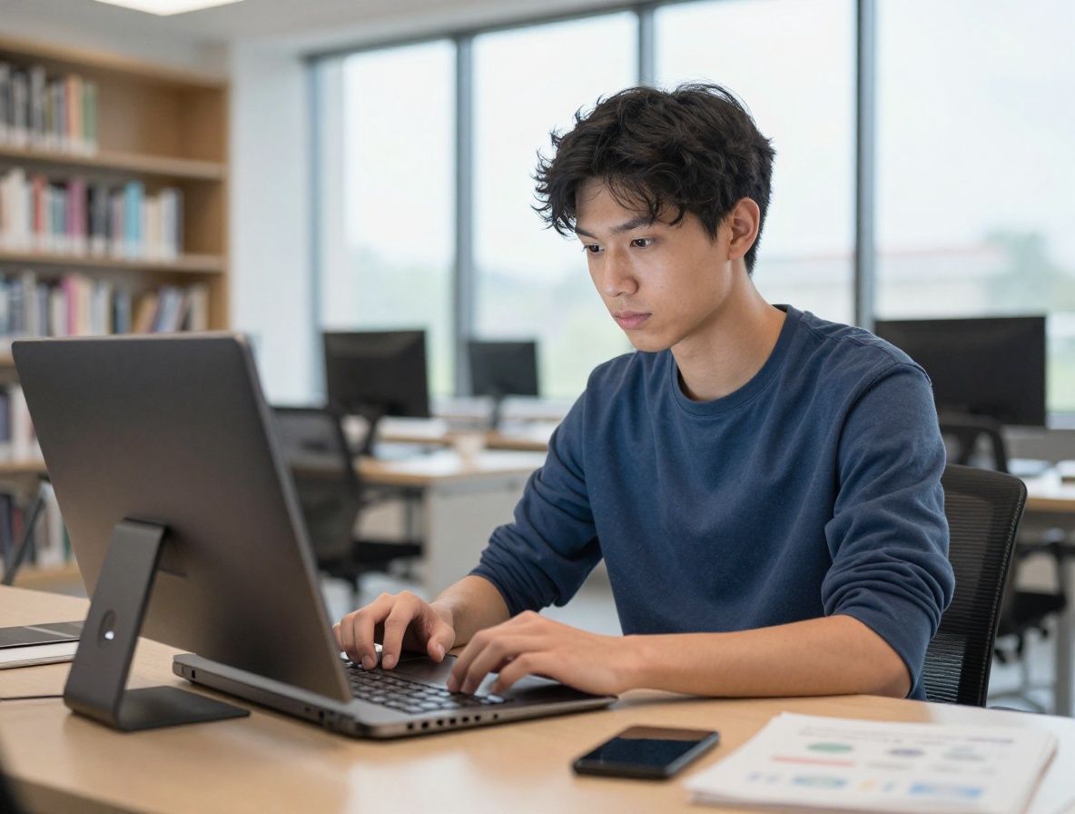 Студент работает с AI-ассистентом на планшете в современной светлой библиотеке с большими окнами, на экране виден интерфейс образовательного приложения