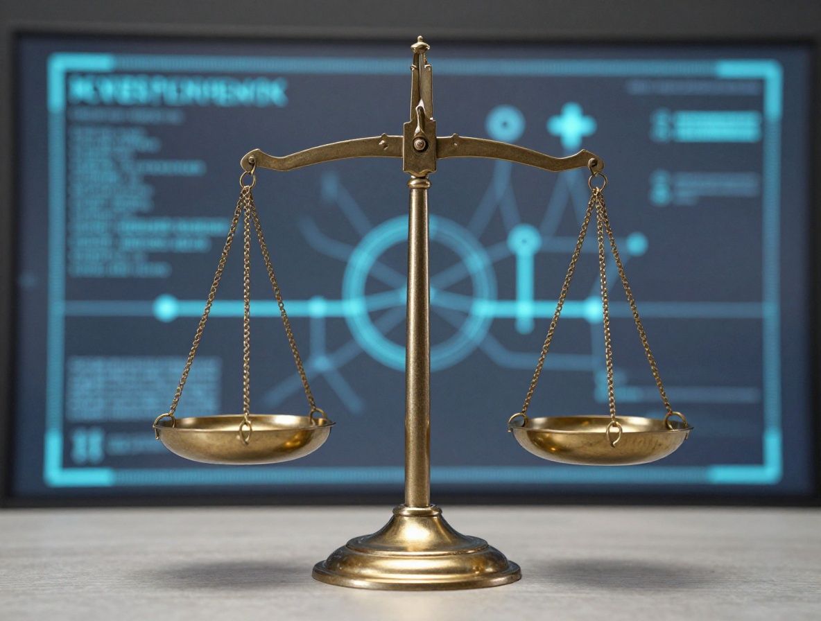 Стилизованное изображение весов правосудия на фоне цифрового кода и нейронной сети символизирующее баланс технологий и этических принципов
