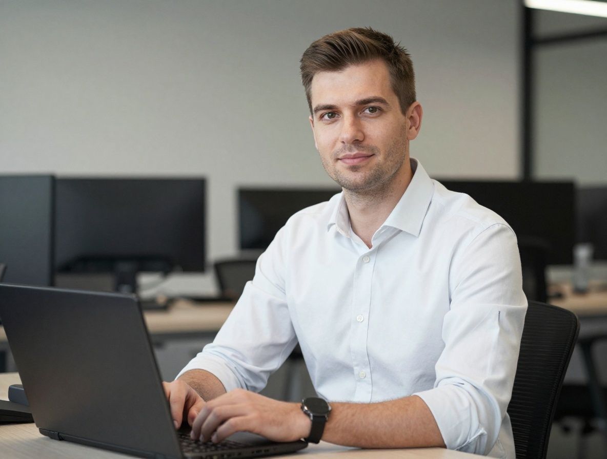 Маркус Эванс, аналитик EdTech с короткой причёской в светлой рубашке на фоне офисной обстановки