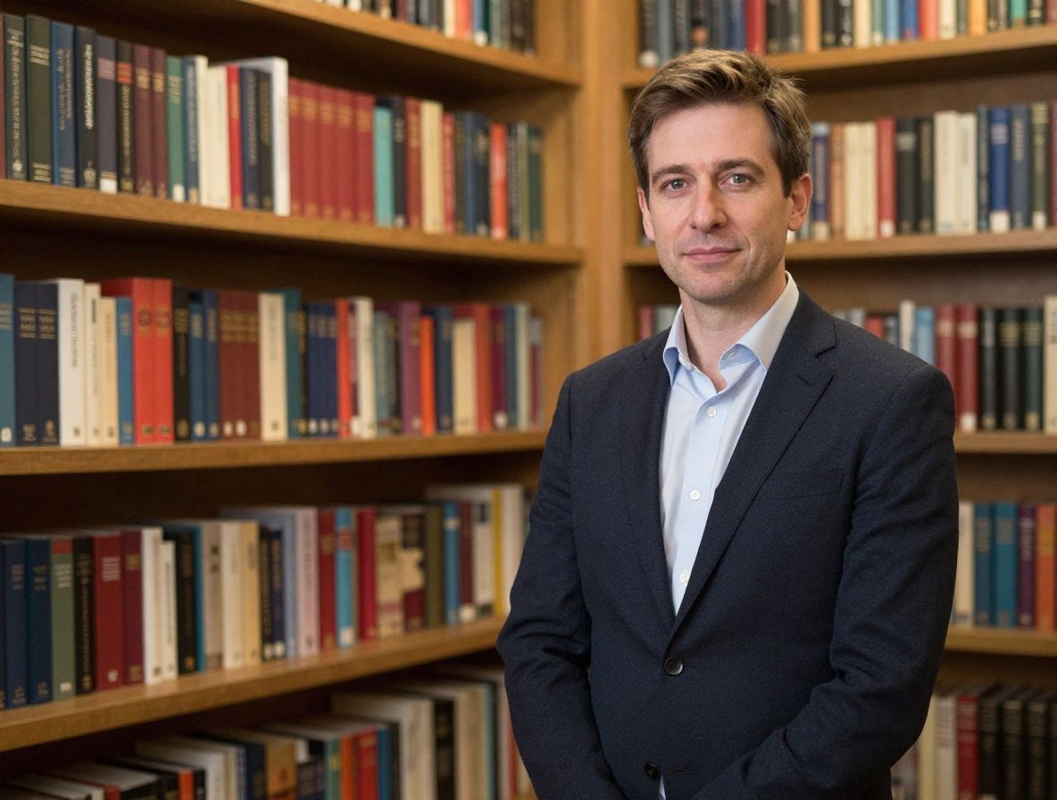 Сара Митчелл, специалист по этике ИИ, женщина со светлыми волосами в академическом стиле на фоне книжных полок