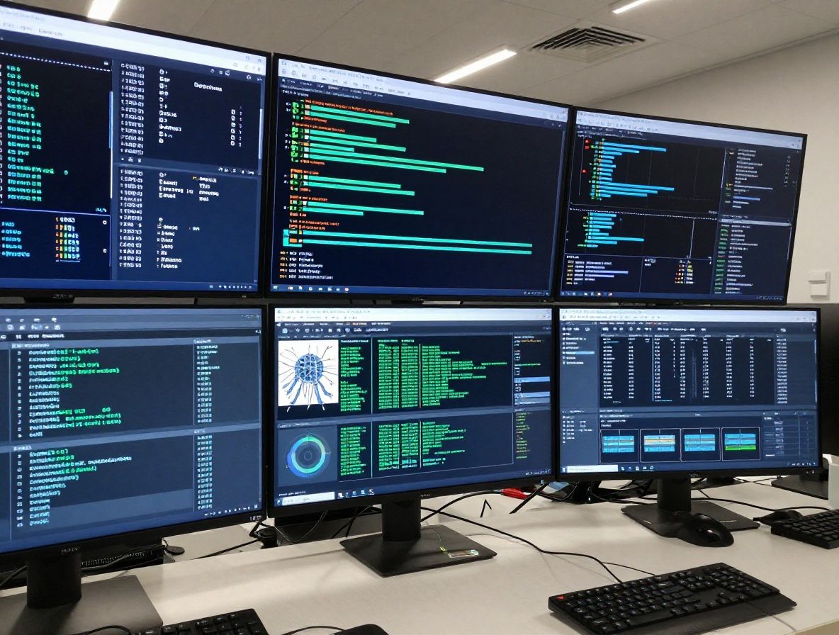 Современный аналитический центр с большими мониторами, показывающими графики нейронных сетей и данные ИИ в синем освещении