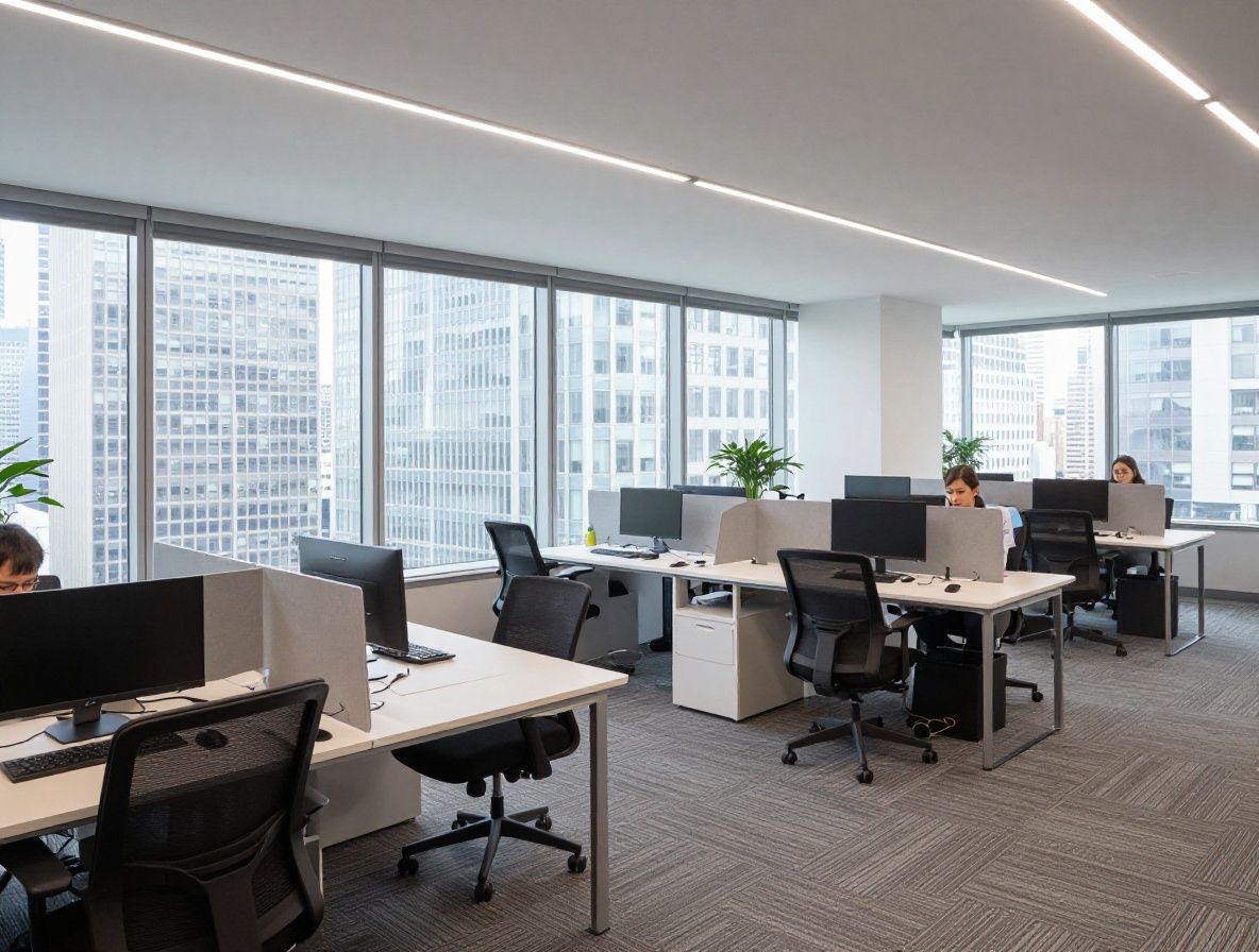 Современный офис аналитического центра в Нью-Йорке с панорамными окнами и открытым рабочим пространством сотрудников