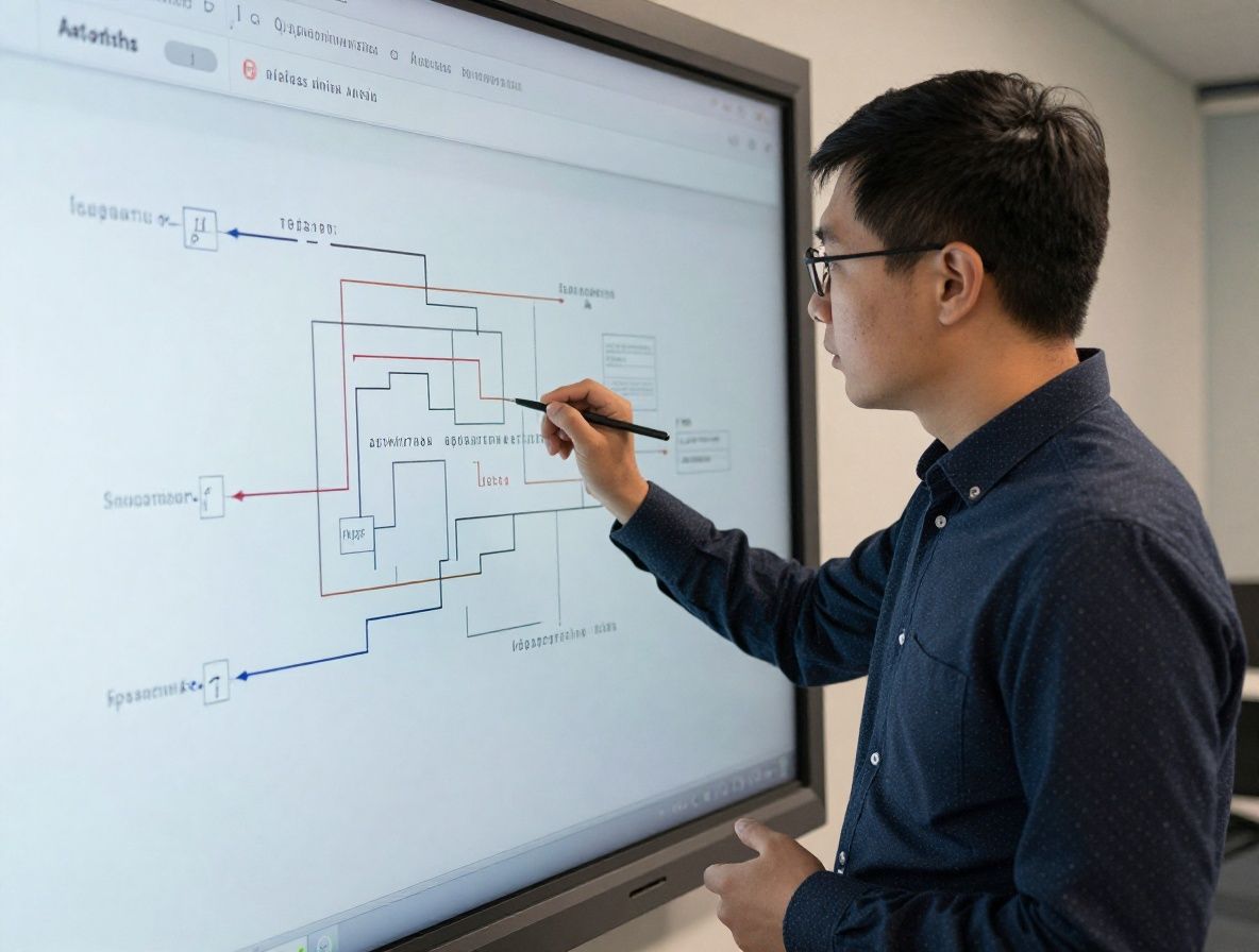 Команда исследователей в области ИИ обсуждает архитектуру нейронной сети у интерактивной доски с диаграммами и формулами